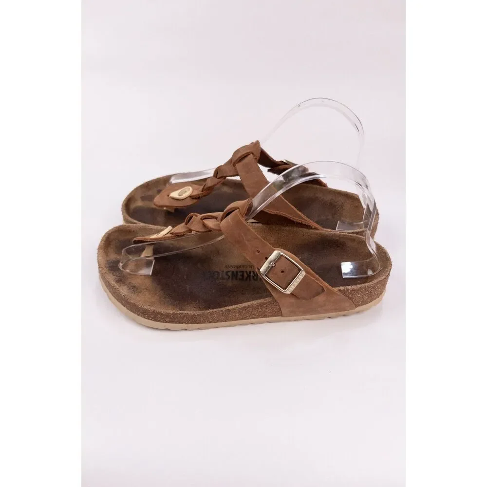 Birkenstock Gizeh Braided Oiled Leather Sandals Cognac Women's 38